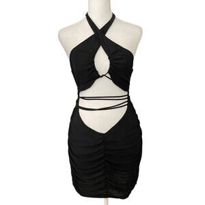 White Fox XL Mini Cutout Dress Black Ruched Strappy Sexy Club LBD Bodycon